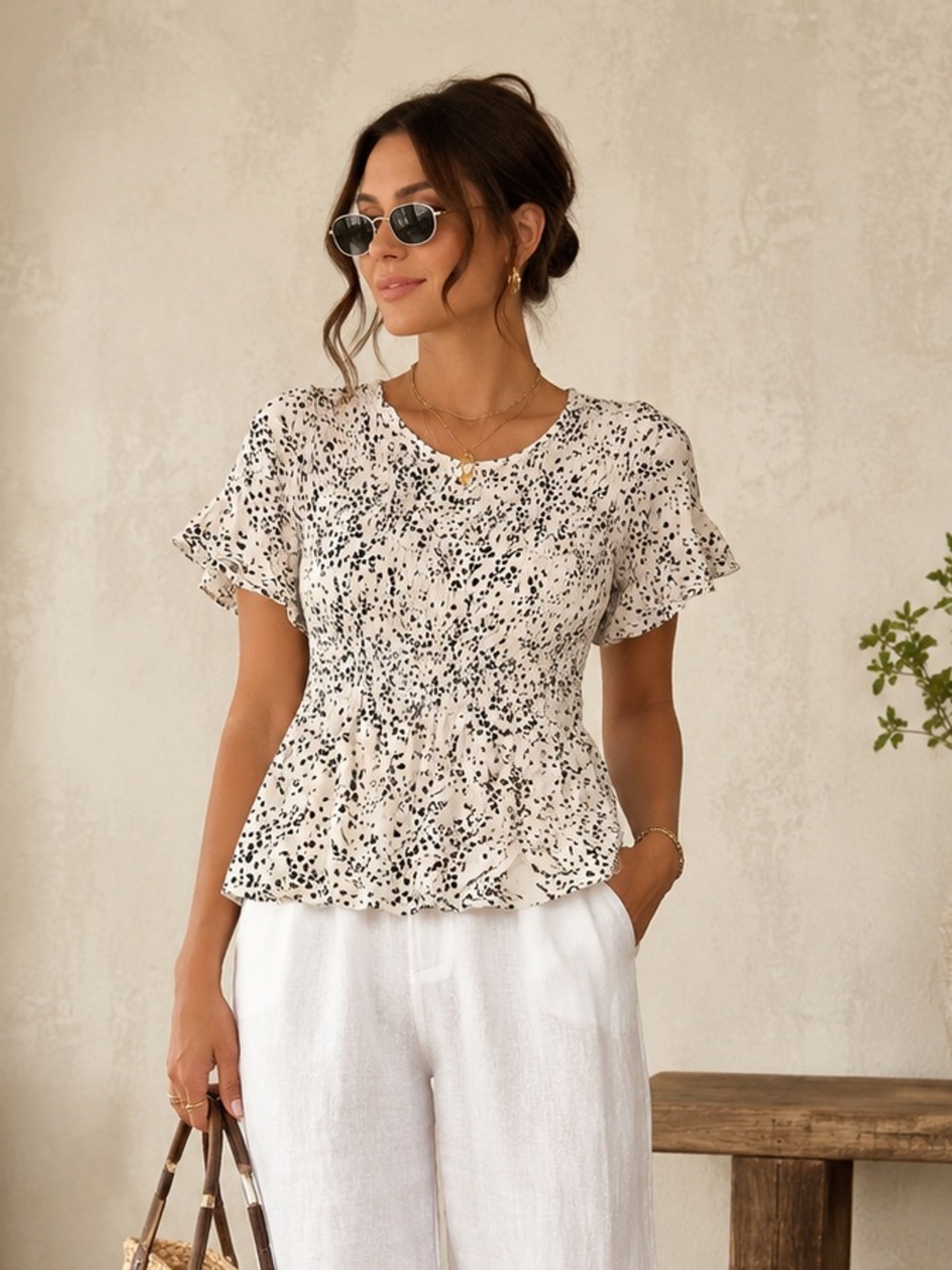 URBAN Romantics White Smocked Short-Sleeve Peplum Top with Black Spot Print